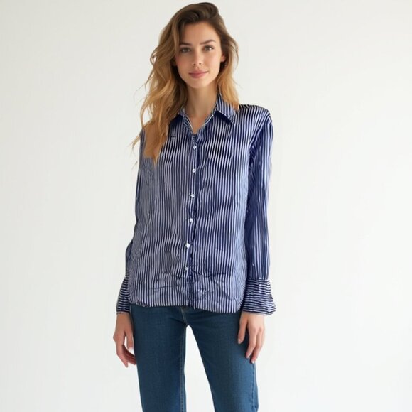 💕 Mango Blue and White Striped Button-Up Shirt 6 - Picture 1 of 12